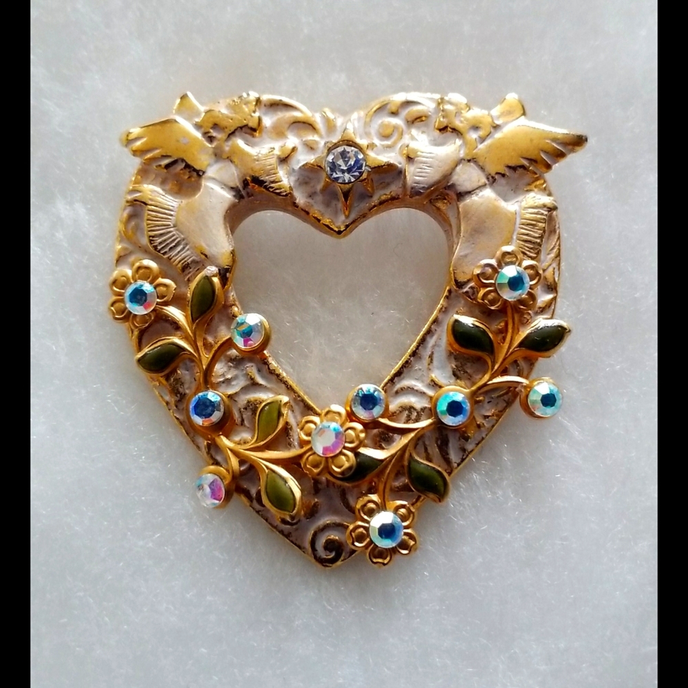 Aurora Borealis Rhinestone Heart Brooch Pin